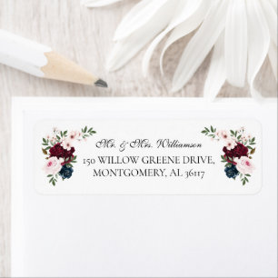 Étiquette M. & Mme Elegant Burgundy Navy Florals d'aquarelle