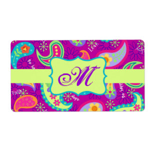 Étiquette Magenta Purple Green Modern Paisley Monogram