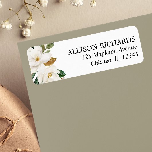 Étiquette Magnolia verdure crème blanche aquarelles florales