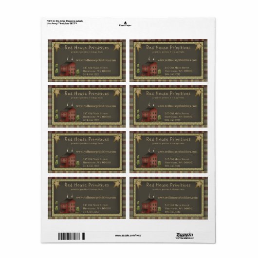 Étiquette Maison de campagne primitive rouge en forme de boî (Feuille entière)