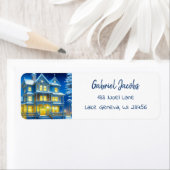 Étiquette Maison de Noël dans une nuit de neige (En situation)