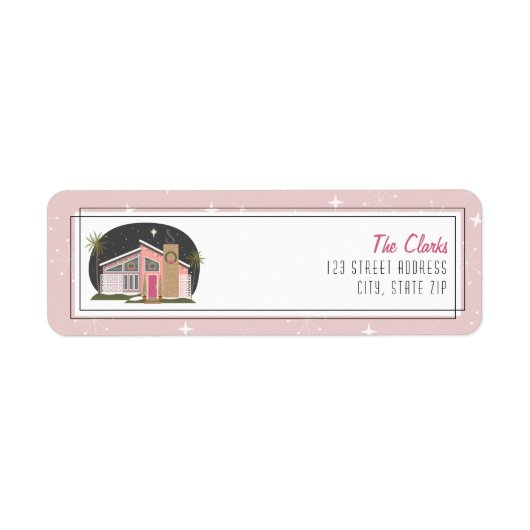 Étiquette Maison de Noël rose moderne du milieu du siècle (Devant)