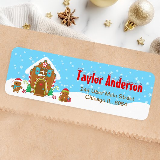 Étiquette Maison en pain d'épice de Noël Bleu et Rouge