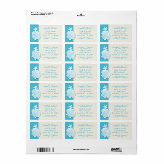 Étiquette Malibu Blue Beach Shell Mariage Adresse (Feuille entière)