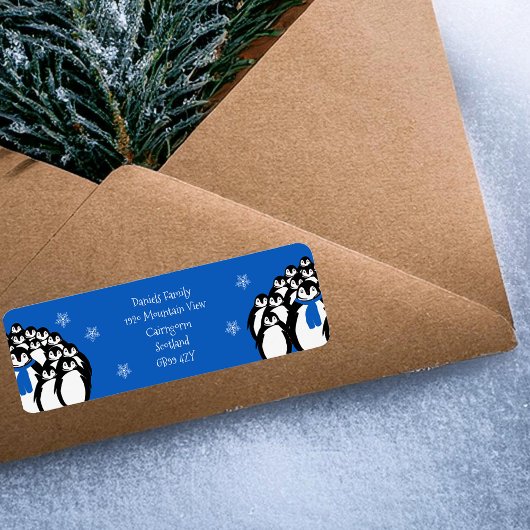 Étiquette Manchot de Noël Adresse de Retour Bleu