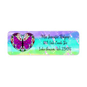 Étiquette Mandala cœur violet avec papillon  (Devant)