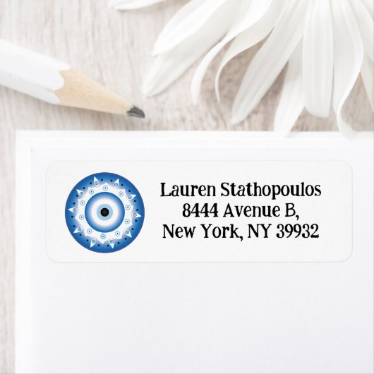 Étiquette Mandala Grec Mal Oeil Bleu Blanc (En situation)