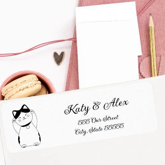 Étiquette Maneki Neko, chat chanceux noir et blanc