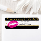 Étiquette Maquillage Lèvres Roses Confettis Dorés & Rayures (En situation)