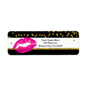 Étiquette Maquillage Lèvres Roses Confettis et Rayures Dorés