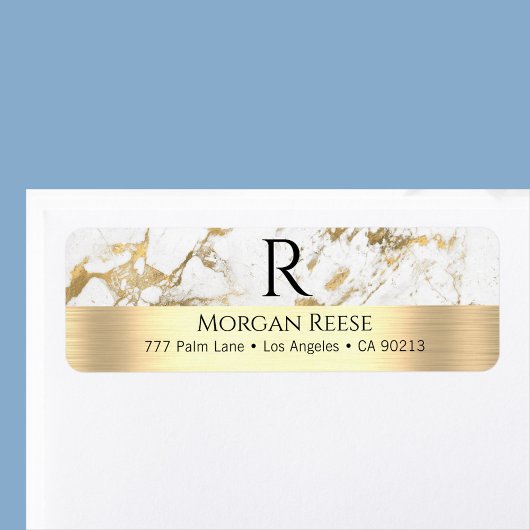 Étiquette Marbre Blanc & Or, Nom & Monogramme Adresse