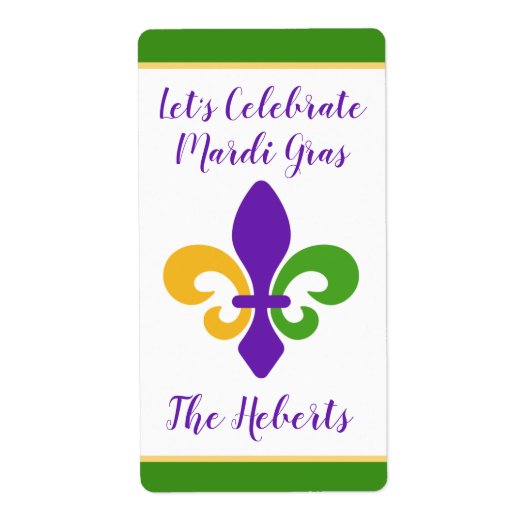 Étiquette Mardi Gras NOM Vert Or Violet Fleur de Lis (Devant)