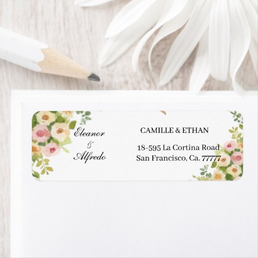 Étiquette Mariage à la rose aquarelle (En situation)