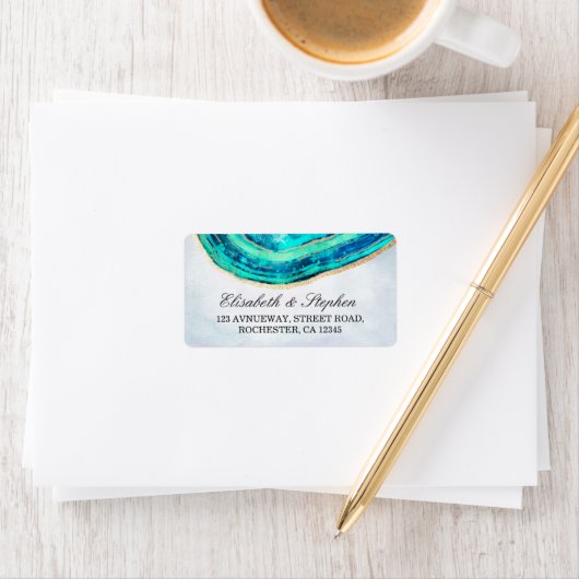 Étiquette Mariage Adresse aquarelle Turquoise et or Géode d' (En situation)
