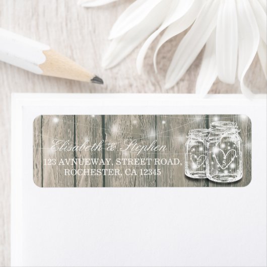 Étiquette Mariage Adresse Rustique Bois Mason Jar String Lum (En situation)