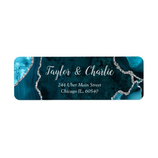Étiquette Mariage avec un marbre d'agate argent et sarcelle (Devant)