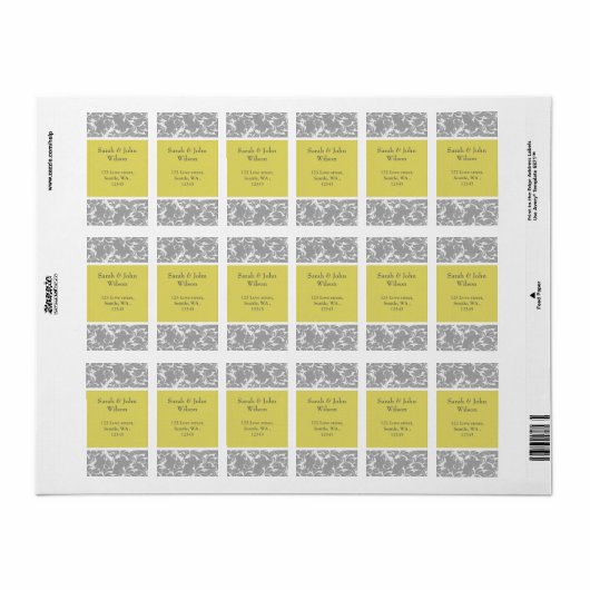 Étiquette mariage baroque gris jaune (Feuille entière)