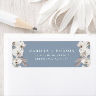 Étiquette Mariage Bleu Poussiéreux Orchidée Blanche Adresse