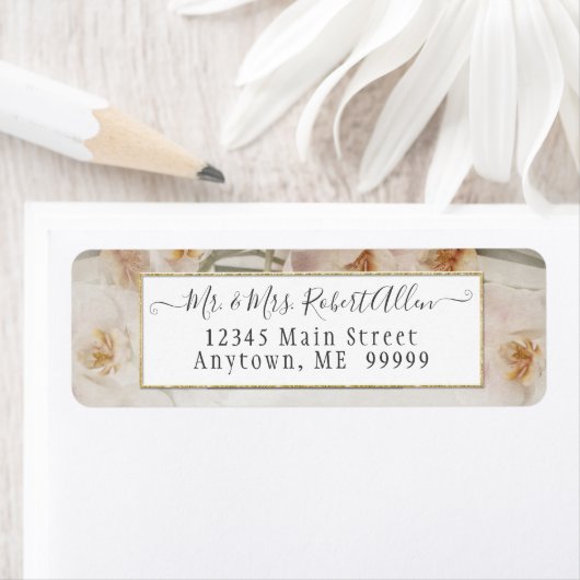 Étiquette Mariage botanique élégant à l'écriture dorée et fl (En situation)