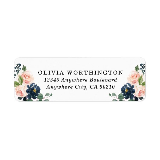 Étiquette Mariage campagnard floral bleu marine et rose pâle (Devant)