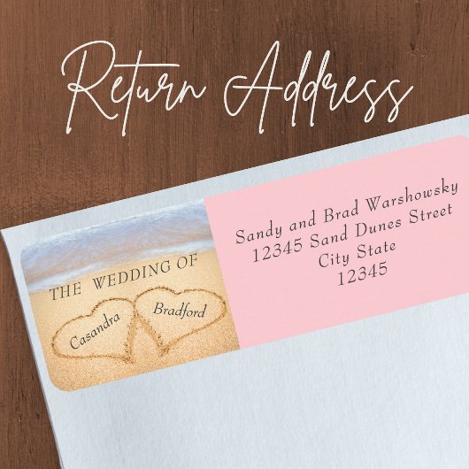 Étiquette Mariage chic plage rose blush 2 cœurs dans le sabl