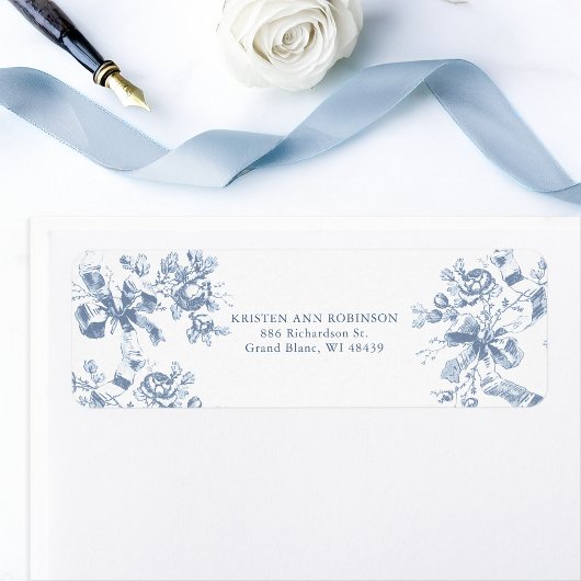 Étiquette Mariage Classique Fleurs et Rubans Bleu Français