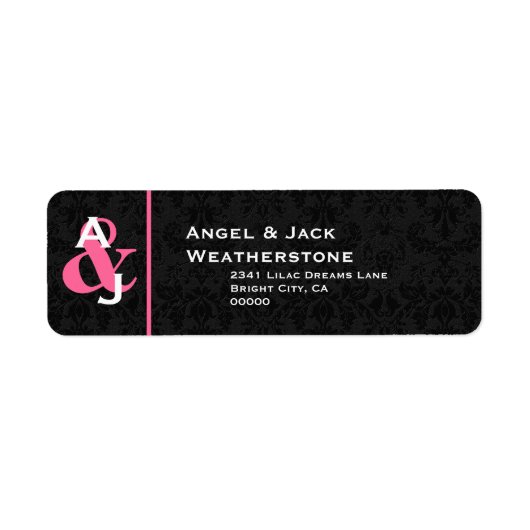 Étiquette Mariage damassé noir et rose Monogram Ver 007 (Devant)