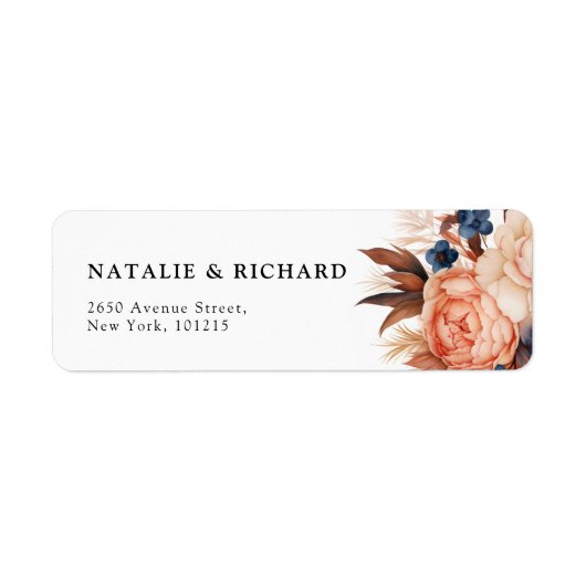 Étiquette Mariage d'aquarelle fleurie bleu et terre cuite (Devant)