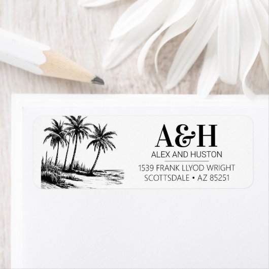 Étiquette Mariage de plage Monogramme élégant Palm Tree simp (En situation)