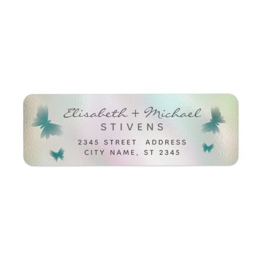 Étiquette Mariage de script papillon holographique (Devant)