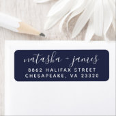 Étiquette Mariage de script stylé Navy Blue Adresse de retou (En situation)