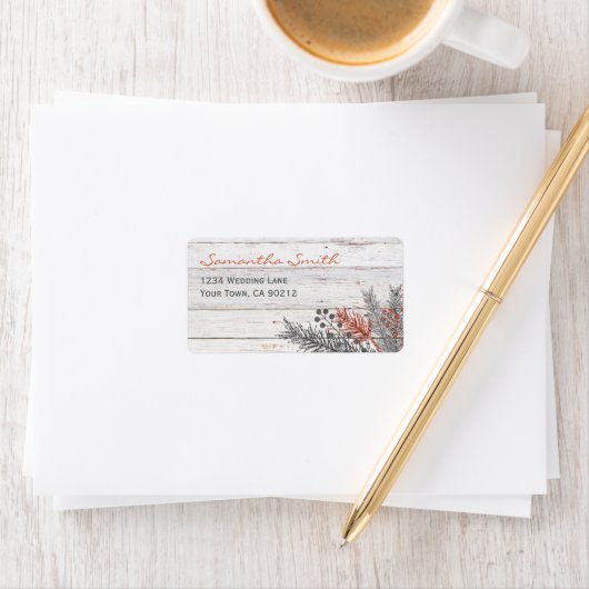 Étiquette Mariage en bois blanchi en hiver rustique (En situation)