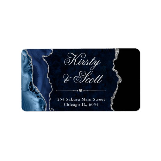 Étiquette Mariage Faux Paillettes Agate Bleu & Argent (Devant)