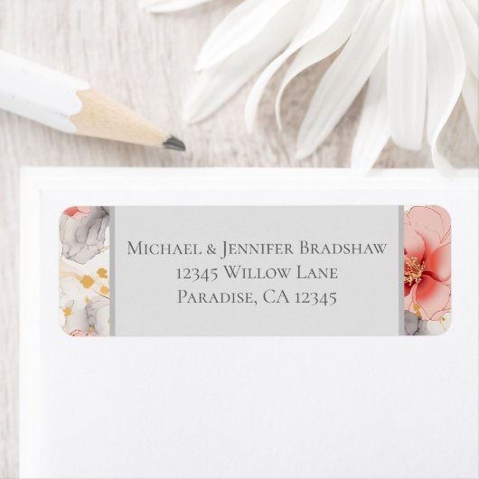 Étiquette Mariage Fleurie Corail Rose Gris (En situation)