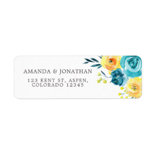Étiquette Mariage Floral Aquarelle Turquoise et Jaune