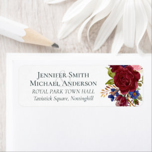 Étiquette Mariage Floral bleu Bourgogne rustique