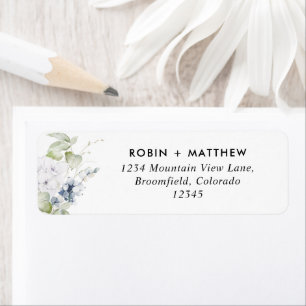 Étiquette Mariage floral chic, blanc et bleu Adresse de reto