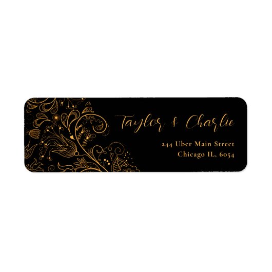 Étiquette Mariage floral élégant or et noir (Devant)