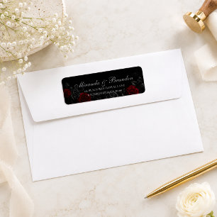 Étiquette Mariage Floral Noir et Rouge Calligraphie Élégante