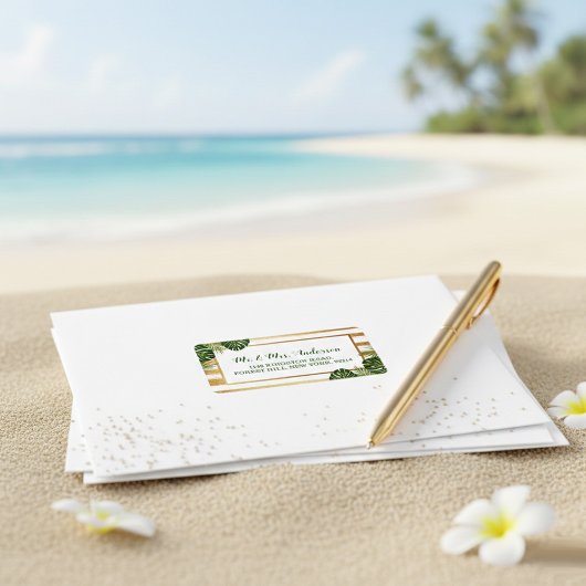 Étiquette Mariage Gold Foil & Green Palm Leaf Beach