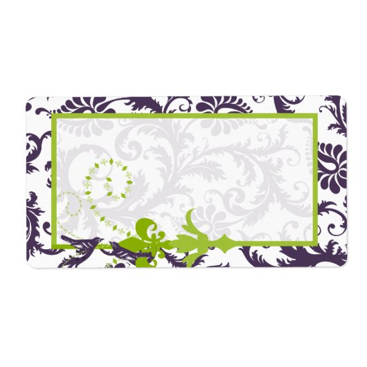 Étiquette Mariage Lapis Purple & Apple Green Damask Birds (Devant)