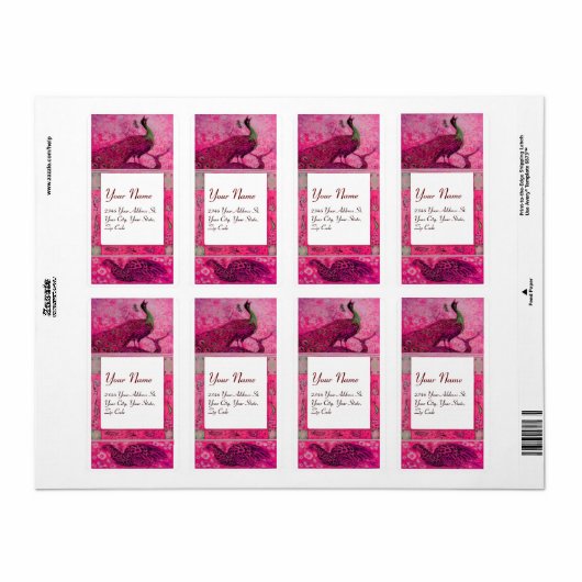 Étiquette MARIAGE LOVE PEACOCKS, rouge fuchsia rose blanc (Feuille entière)