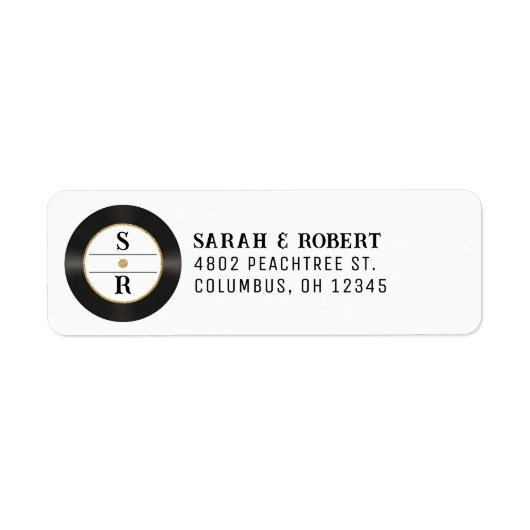 Étiquette Mariage Monogramme Disque Vinyle Paillettes Or Rét (Devant)