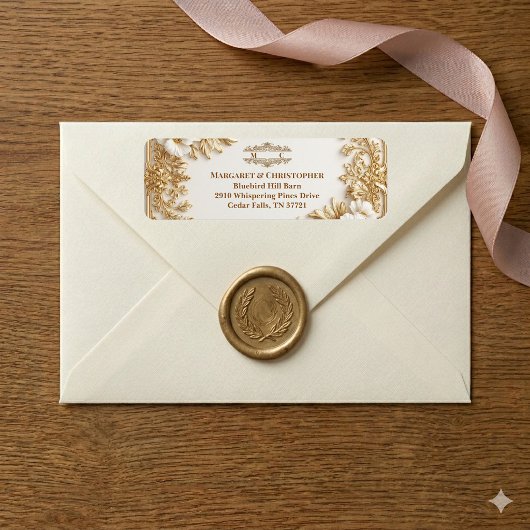 Étiquette Mariage Monogramme Doré Baroque Orné Luxe Or