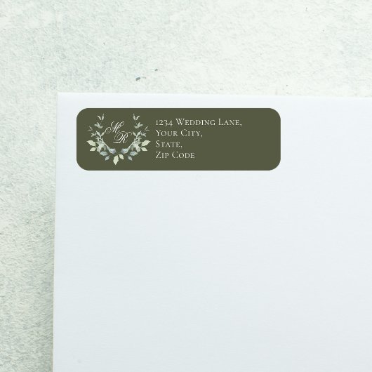 Étiquette Mariage Monogramme Floral Script Vert Sauge