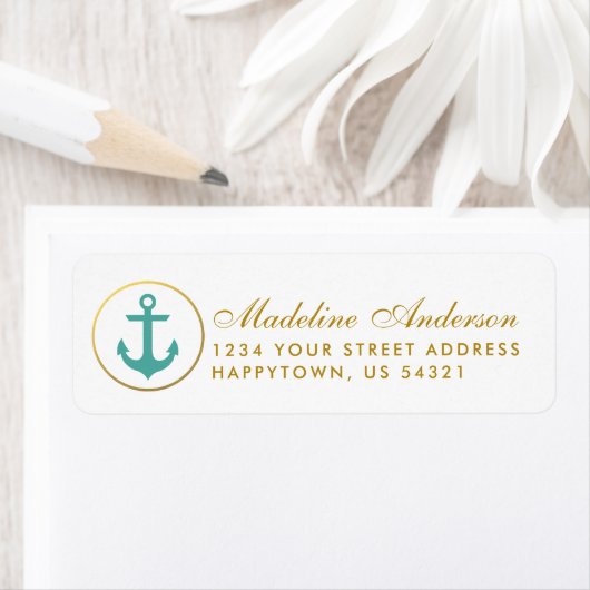 Étiquette Mariage nautique Ancre Turquoise Adresse de retour (En situation)
