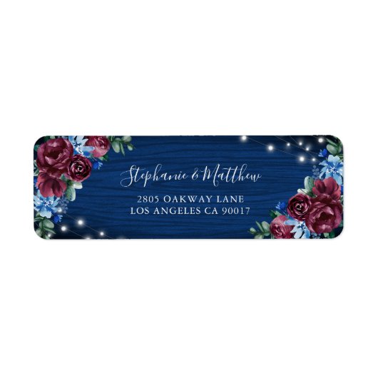 Étiquette Mariage Navy Blue Burgundy Floral Lights (Devant)