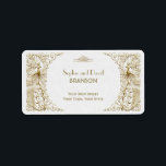 Étiquette Mariage Peacocks Art déco or blanc<br><div class="desc">Design élégant, mélange de paons de style ancien et d'éléments d'art déco en faux or et d'une approche graphique moderne et audacieuse, sur un arrière - plan texturé blanc. Utilisez l'outil Personnaliser pour ajouter vos informations. Pour les articles correspondants, visitez, s'il vous plaît, ma collection White Gold Art Déco Peacocks....</div>