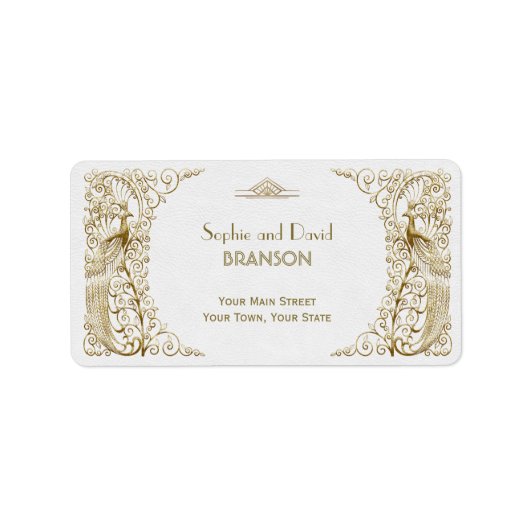 Étiquette Mariage Peacocks Art déco or blanc (Devant)