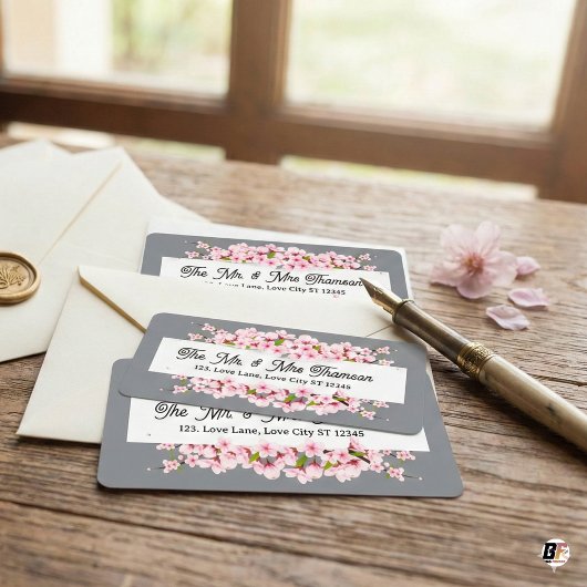 Étiquette Mariage personnalisé Fleur de Cerisier Rose et Gri